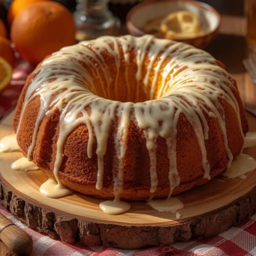 A golden whole orange blender cake with white glaze drizzled on top, sitting on a wooden board. This whole orange blender cake is a moist and delicious treat.