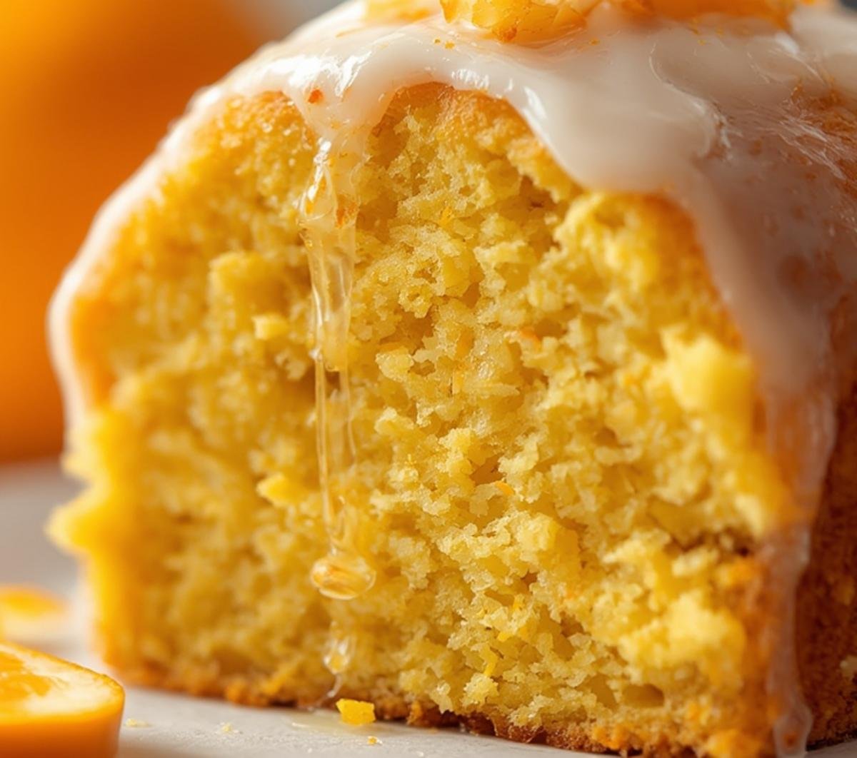 Extreme close-up of the tender crumb and glossy glaze of a whole orange blender cake, highlighting its moist texture and delicious details.