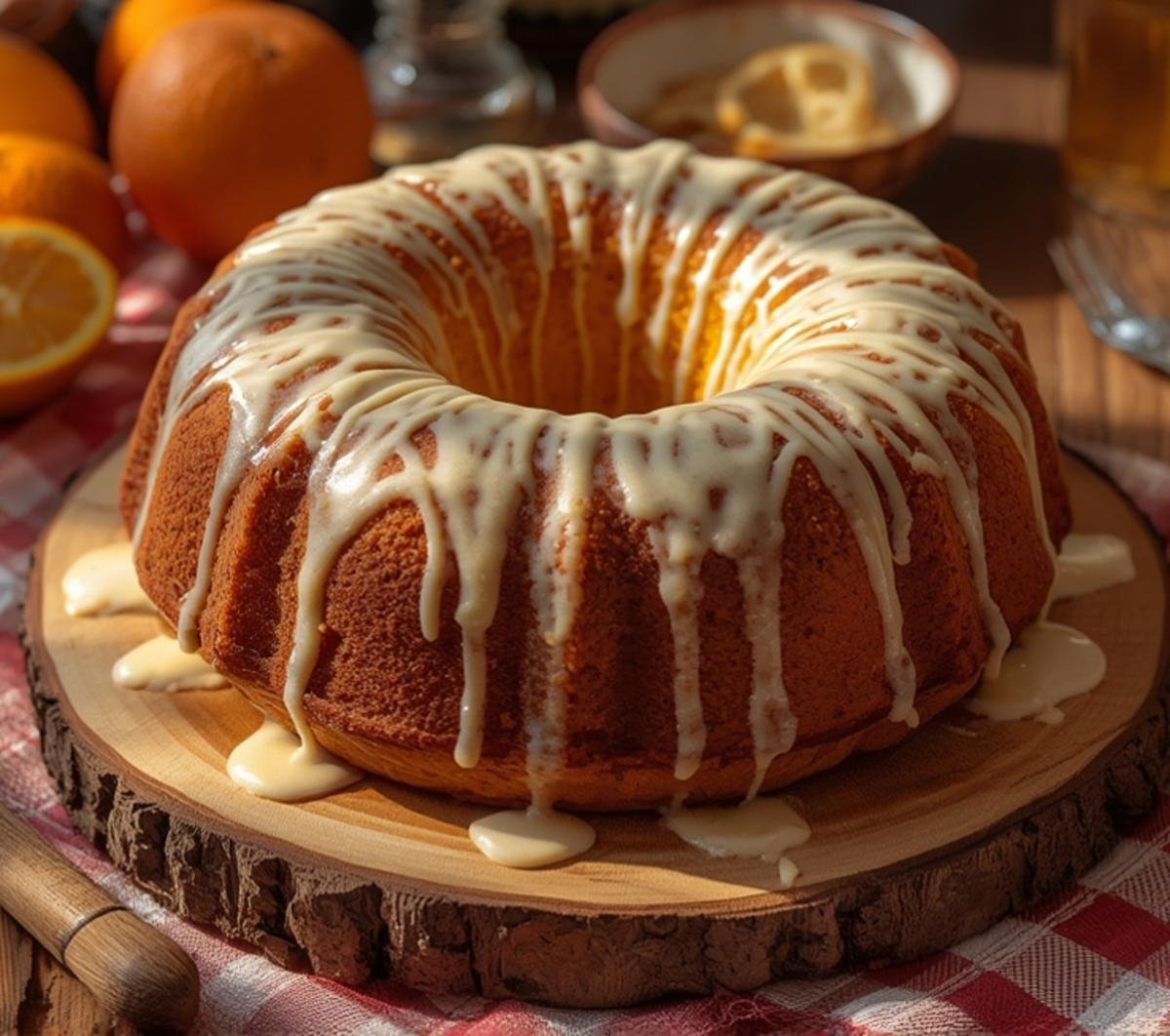 A golden whole orange blender cake with white glaze drizzled on top, sitting on a wooden board. This whole orange blender cake is a moist and delicious treat.