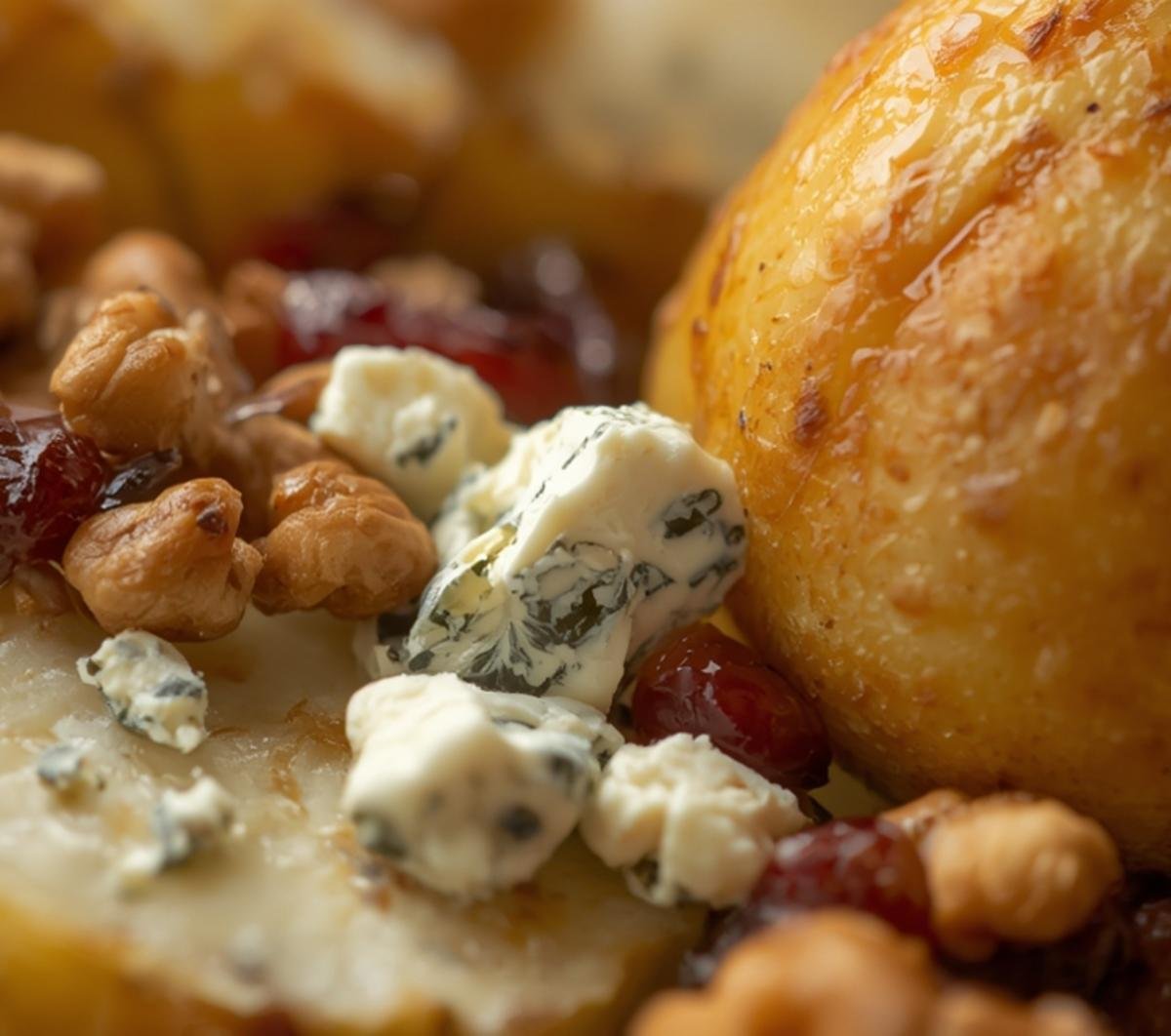 Roasted Pears with Blue Cheese: An Elegant Appetizer 2 Close-up of the rich textures and colors in the Roasted Pears Blue Cheese dish.