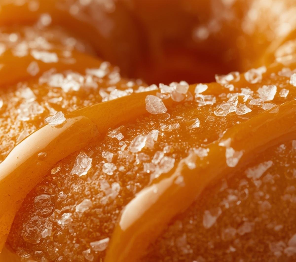 Homemade Salted Caramel Donuts Recipe 2 Close-up of the glistening salted caramel and flaky salt on a freshly made donut.