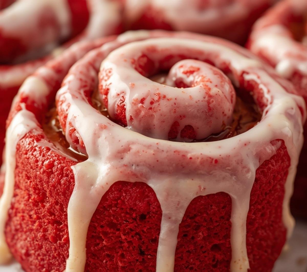 Close-up of the rich red velvet cinnamon rolls, showcasing the swirled texture and dripping icing.