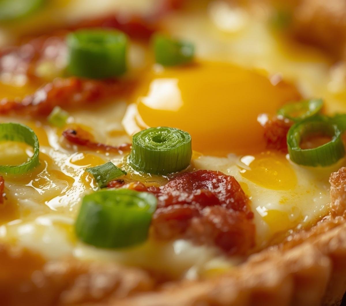 Savory Breakfast Tart with Pancetta and Green Onions 2 Close-up on the rich, eggy filling and crispy pancetta of a savory breakfast tart.