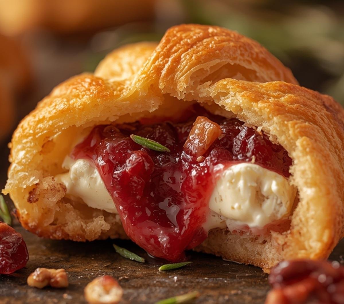 Cranberry Brie Bites: The Ultimate Holiday Appetizer 2 Close-up of a cranberry brie bite highlighting its flaky pastry, melted brie, and vibrant cranberry sauce.
