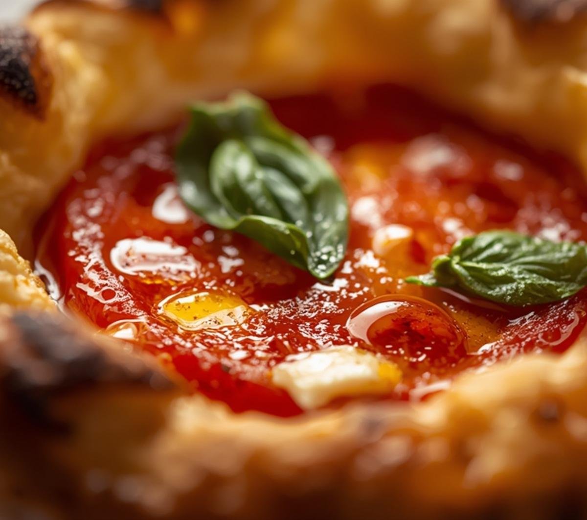 Savory Tomato Tartlets with Flaky Puff Pastry 2 Close-up of a Tomato Tartlet showcasing the flaky crust, juicy tomato, and fresh basil.