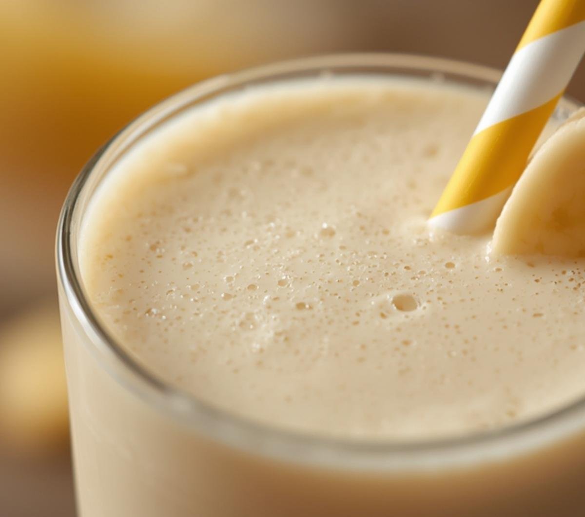 Close-up of the smooth, frothy texture of homemade Korean banana milk in a clear glass.