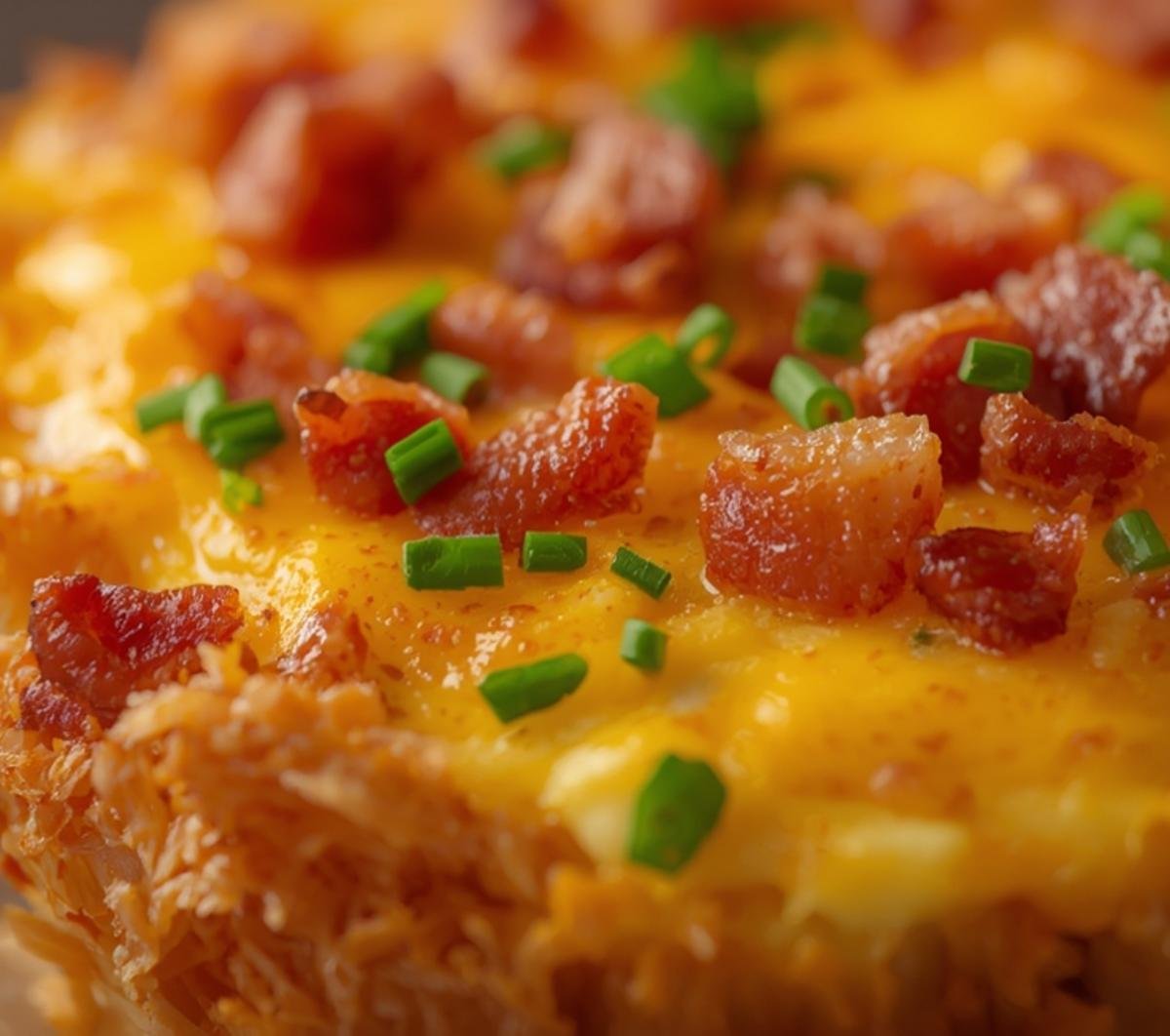 Close-up of a Hash Brown and Bacon Omelet Cup, showing crispy bacon and fresh chives.