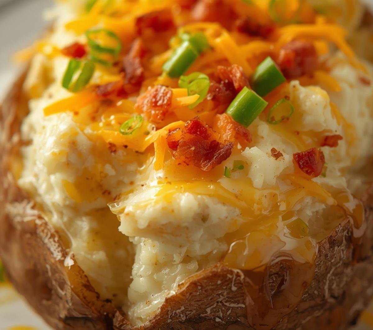 Close-up of the rich texture and vibrant colors of fresh loaded baked potatoes.