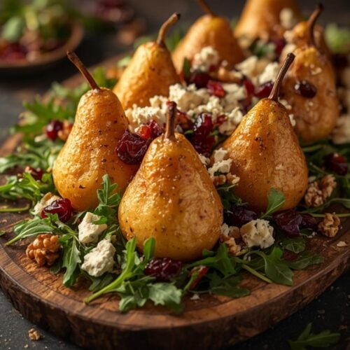 Roasted Pears with Blue Cheese: An Elegant Appetizer 3 A rustic platter featuring beautifully plated Roasted Pears Blue Cheese with cranberries and walnuts.