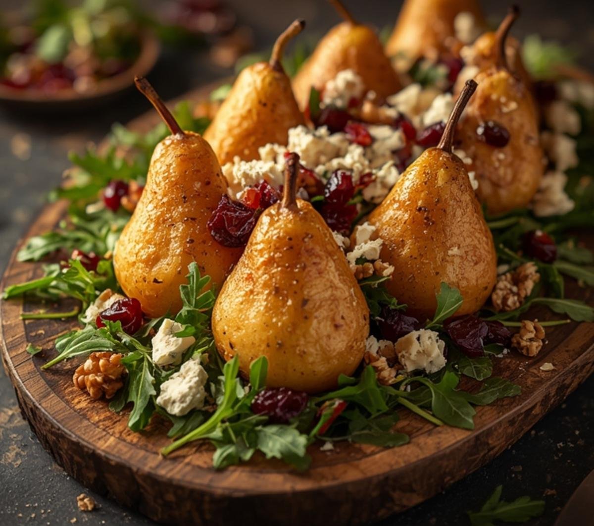 A rustic platter featuring beautifully plated Roasted Pears Blue Cheese with cranberries and walnuts.