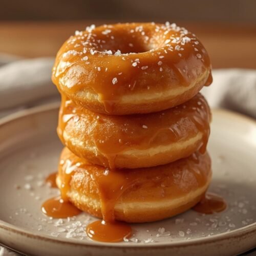 Homemade Salted Caramel Donuts Recipe 3 A delicious stack of salted caramel donuts on a plate, ready to be enjoyed.