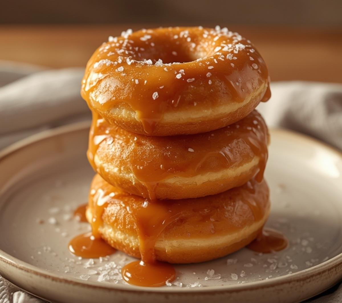 A delicious stack of salted caramel donuts on a plate, ready to be enjoyed.
