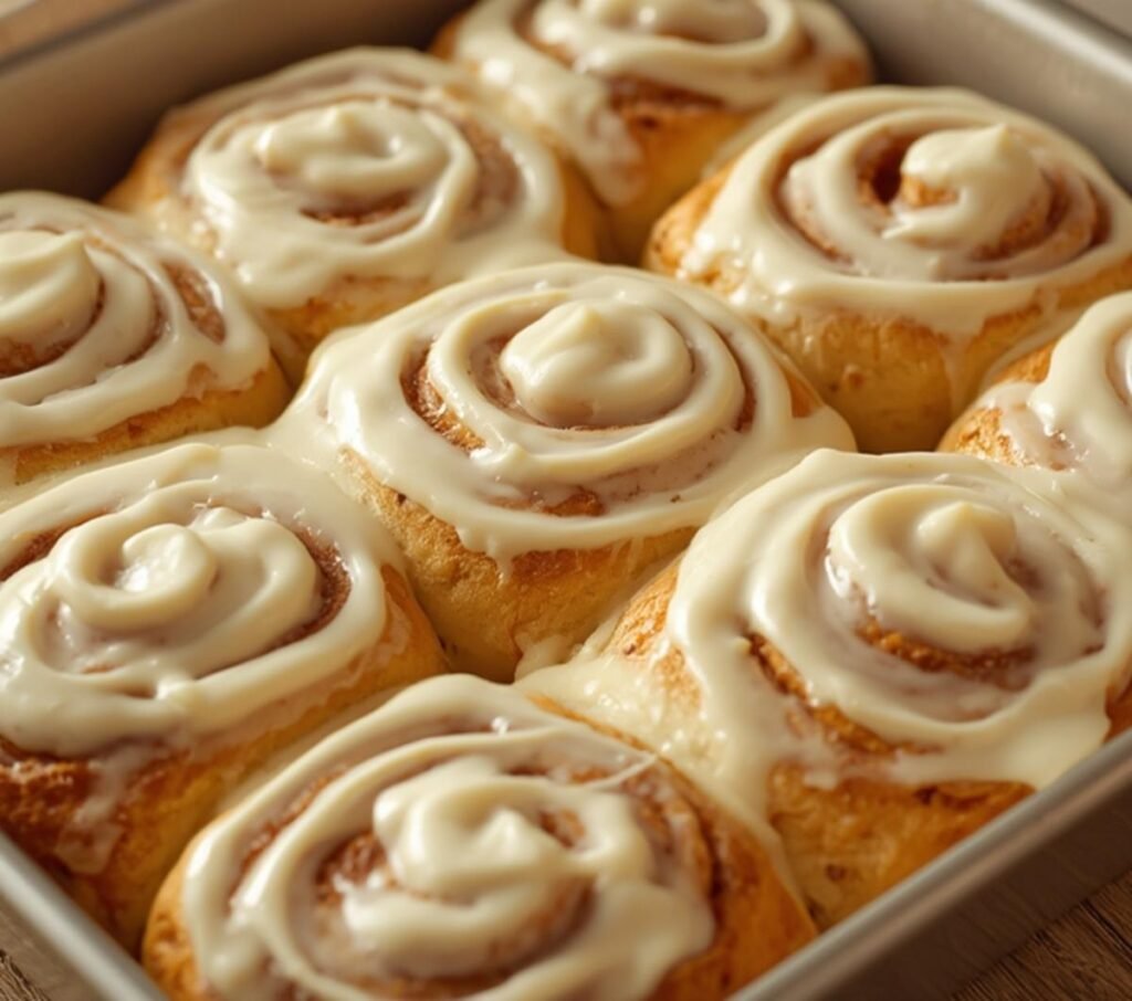 A close-up of delicious banana bread cinnamon rolls with a thick, creamy frosting on top.