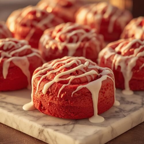 Beautifully arranged red velvet cinnamon rolls with creamy white icing on a marble surface.