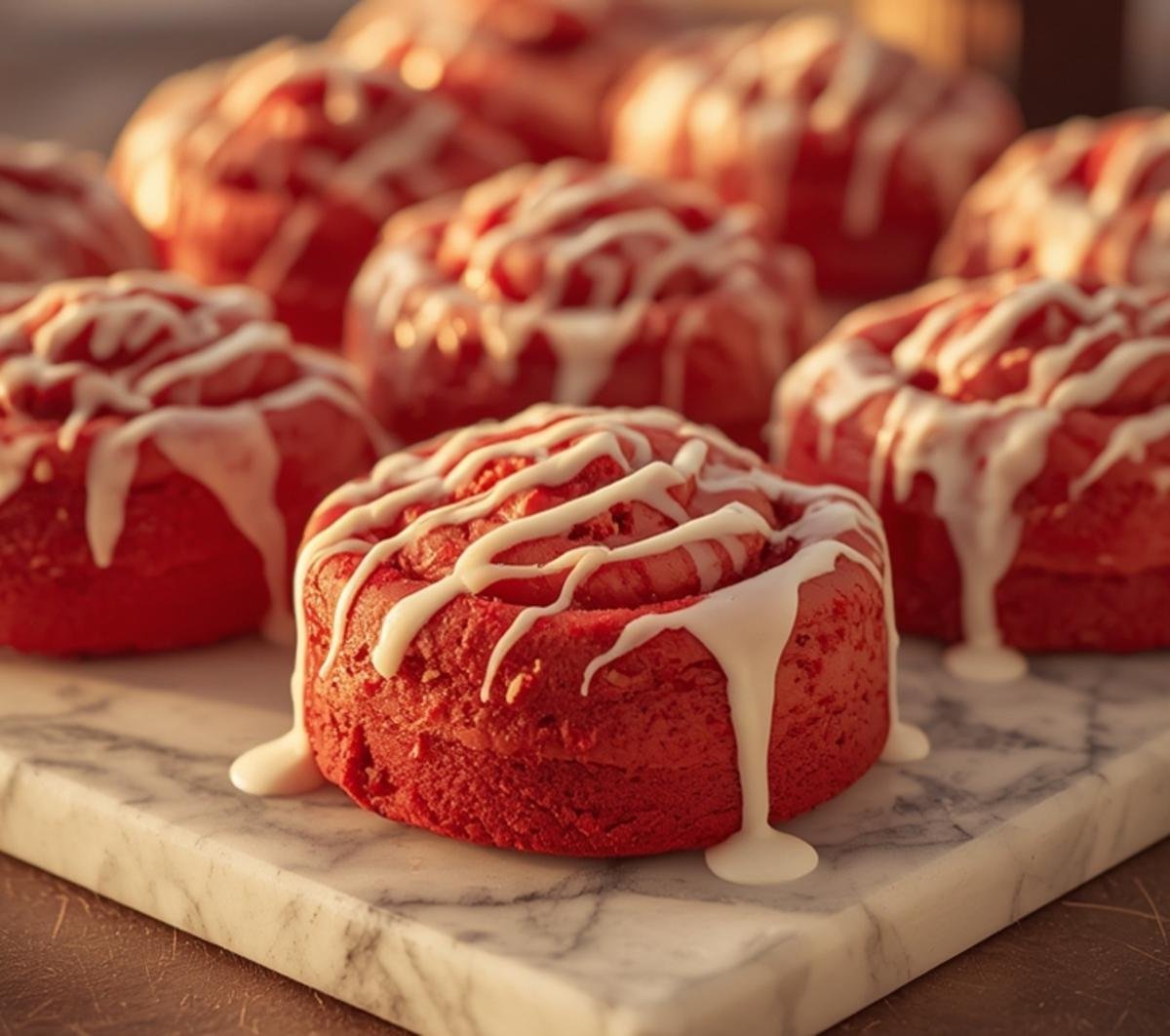 Beautifully arranged red velvet cinnamon rolls with creamy white icing on a marble surface.