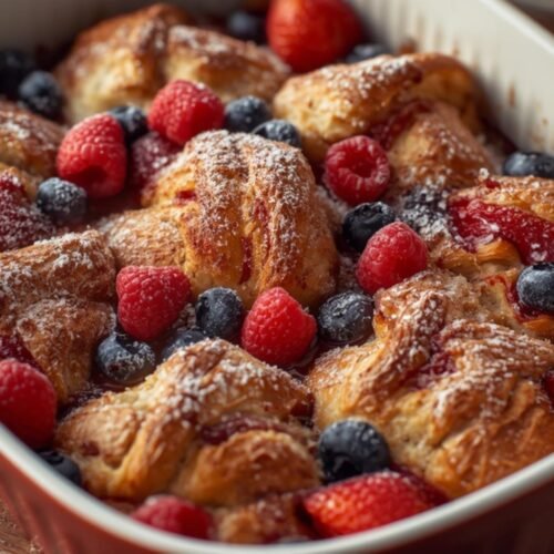 A beautiful Berry Croissant Bake in a white dish, ready to be served for breakfast.