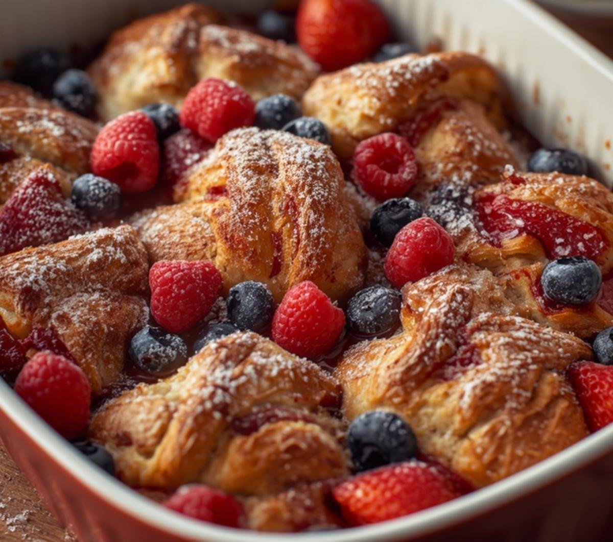 A beautiful Berry Croissant Bake in a white dish, ready to be served for breakfast.