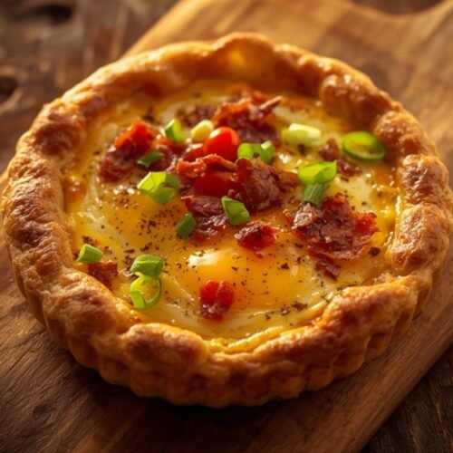 Savory Breakfast Tart with Pancetta and Green Onions 3 A golden-baked breakfast tart adorned with pancetta and green onions, ready to be served.