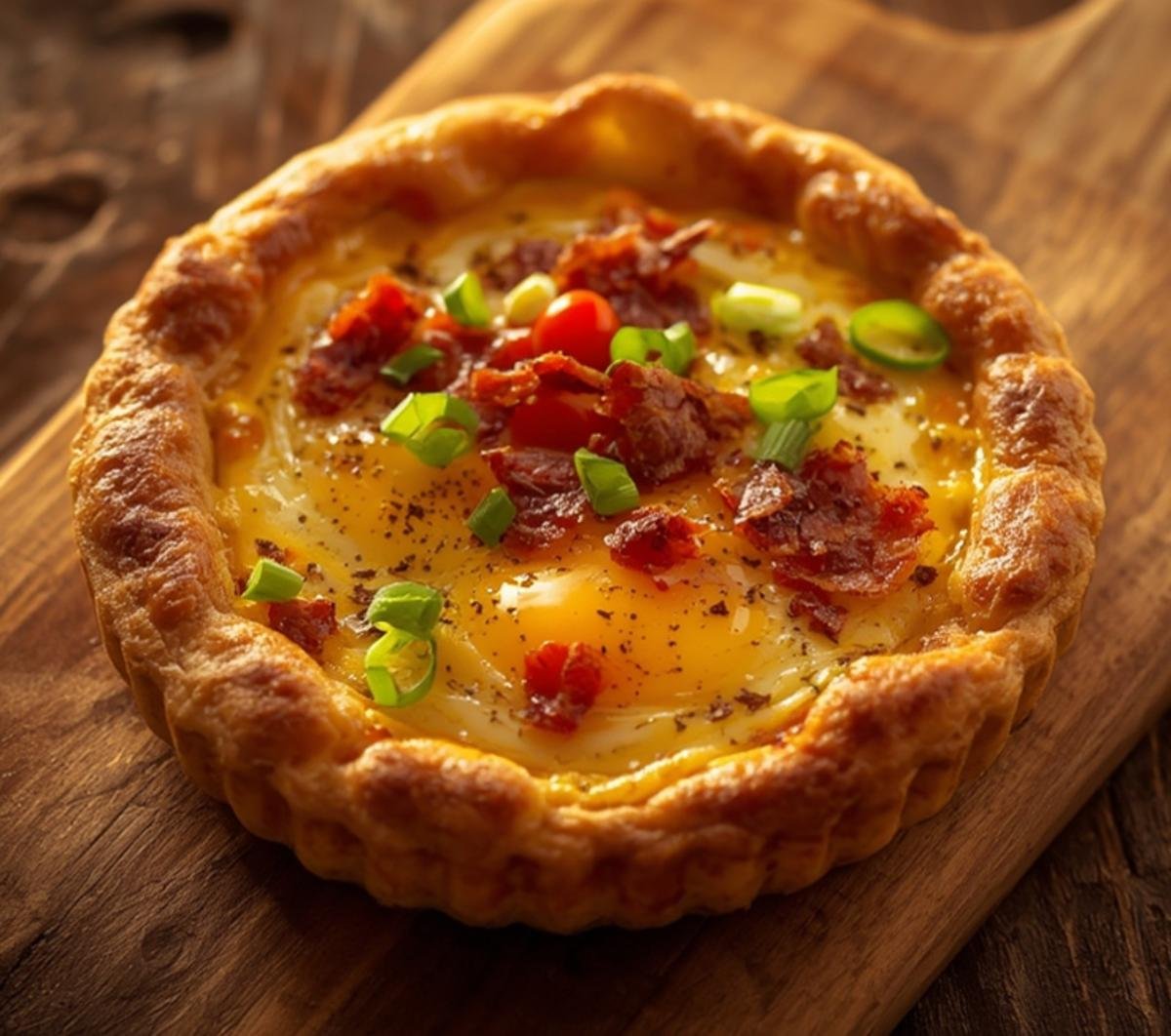 A golden-baked breakfast tart adorned with pancetta and green onions, ready to be served.
