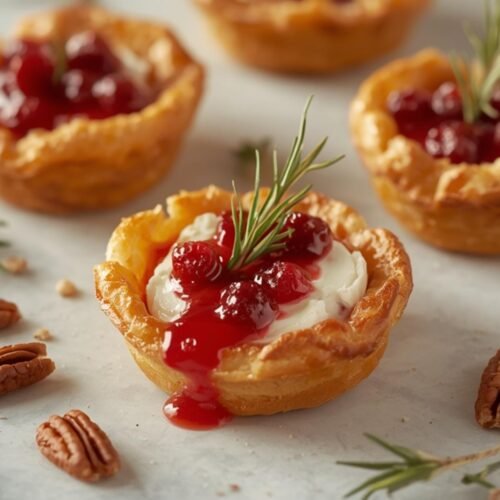 Cranberry Brie Bites: The Ultimate Holiday Appetizer 3 A full shot of delicious cranberry brie bites with pecans and rosemary on a white surface.