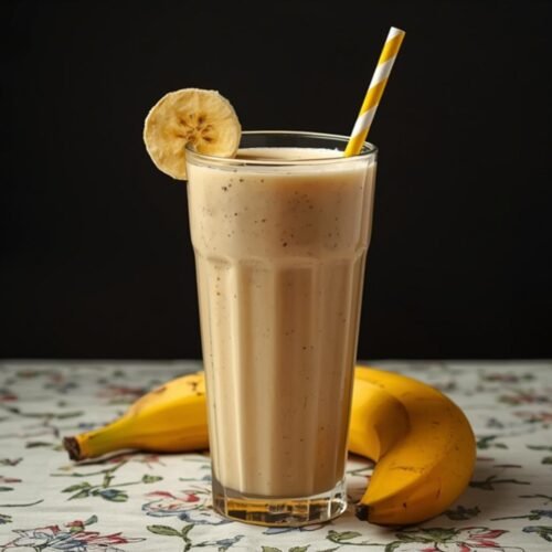 A refreshing glass of Korean banana milk, garnished with a banana slice and a striped straw.