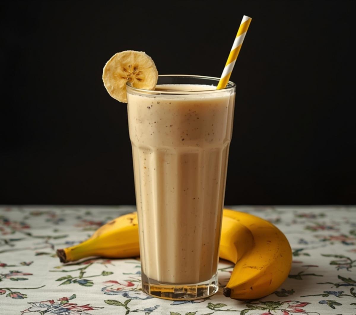 A refreshing glass of Korean banana milk, garnished with a banana slice and a striped straw.