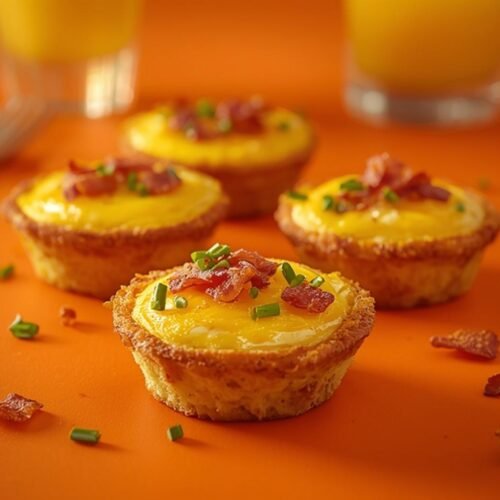 A vibrant spread of golden Hash Brown and Bacon Omelet Cups on an orange surface.
