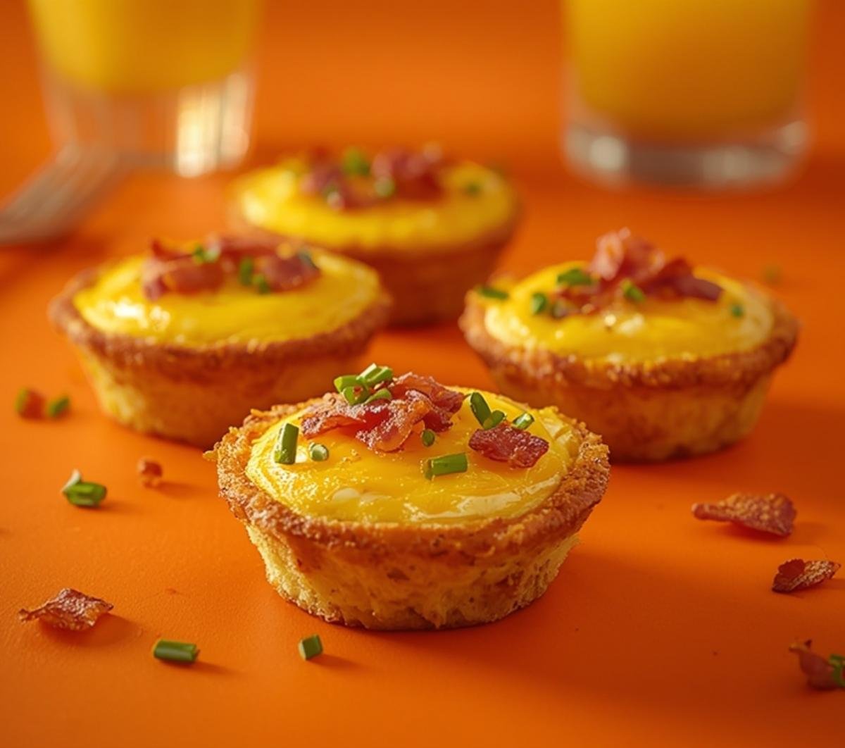 A vibrant spread of golden Hash Brown and Bacon Omelet Cups on an orange surface.