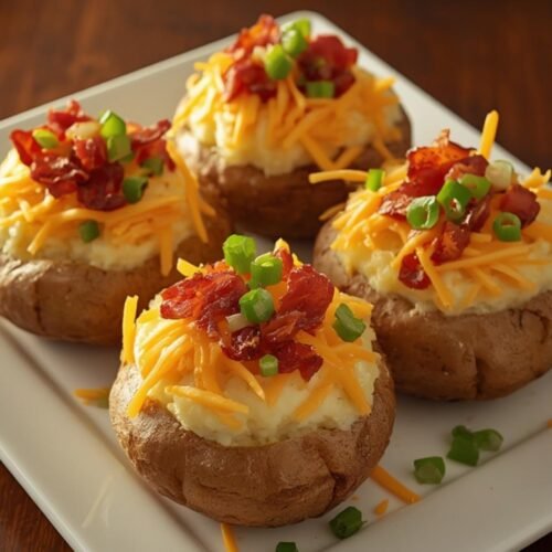 Deliciously prepared loaded baked potatoes on a white plate, garnished with bacon and scallions.