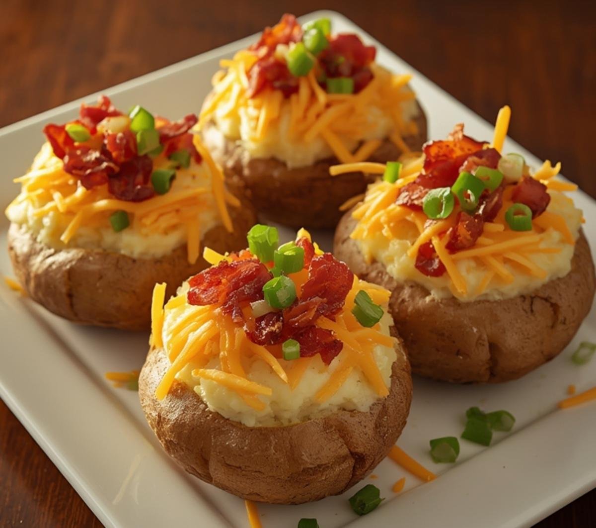 Deliciously prepared loaded baked potatoes on a white plate, garnished with bacon and scallions.