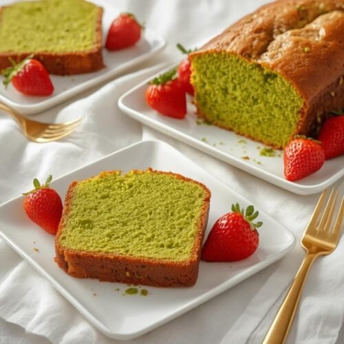 Delicious Matcha Pound Cake: A Green Tea Delight 3 A delicious slice of vibrant green matcha pound cake beautifully presented with a fresh strawberry.