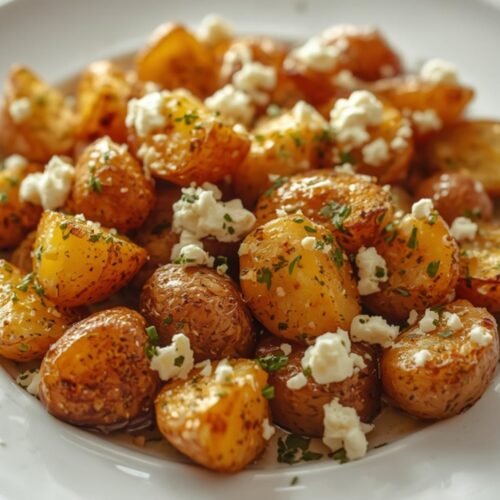 Delicious Herbed Greek Roasted Potatoes with Feta Cheese 3 A serving of herbed Greek roasted potatoes topped with crumbled feta cheese on a white plate.