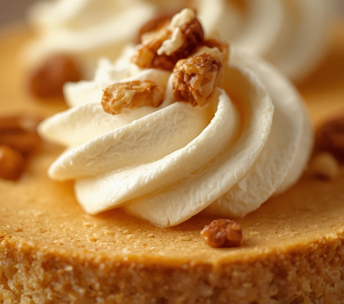 Close-up of creamy pumpkin cheesecake with pecan crust, featuring whipped cream and chopped pecans.
