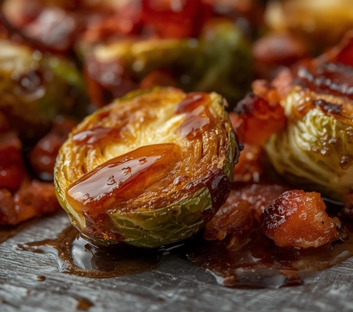 Roasted Brussels Sprouts with Bacon & Balsamic Glaze 2 Close-up of crispy Brussels sprouts with bacon, showing caramelized edges and sticky glaze.