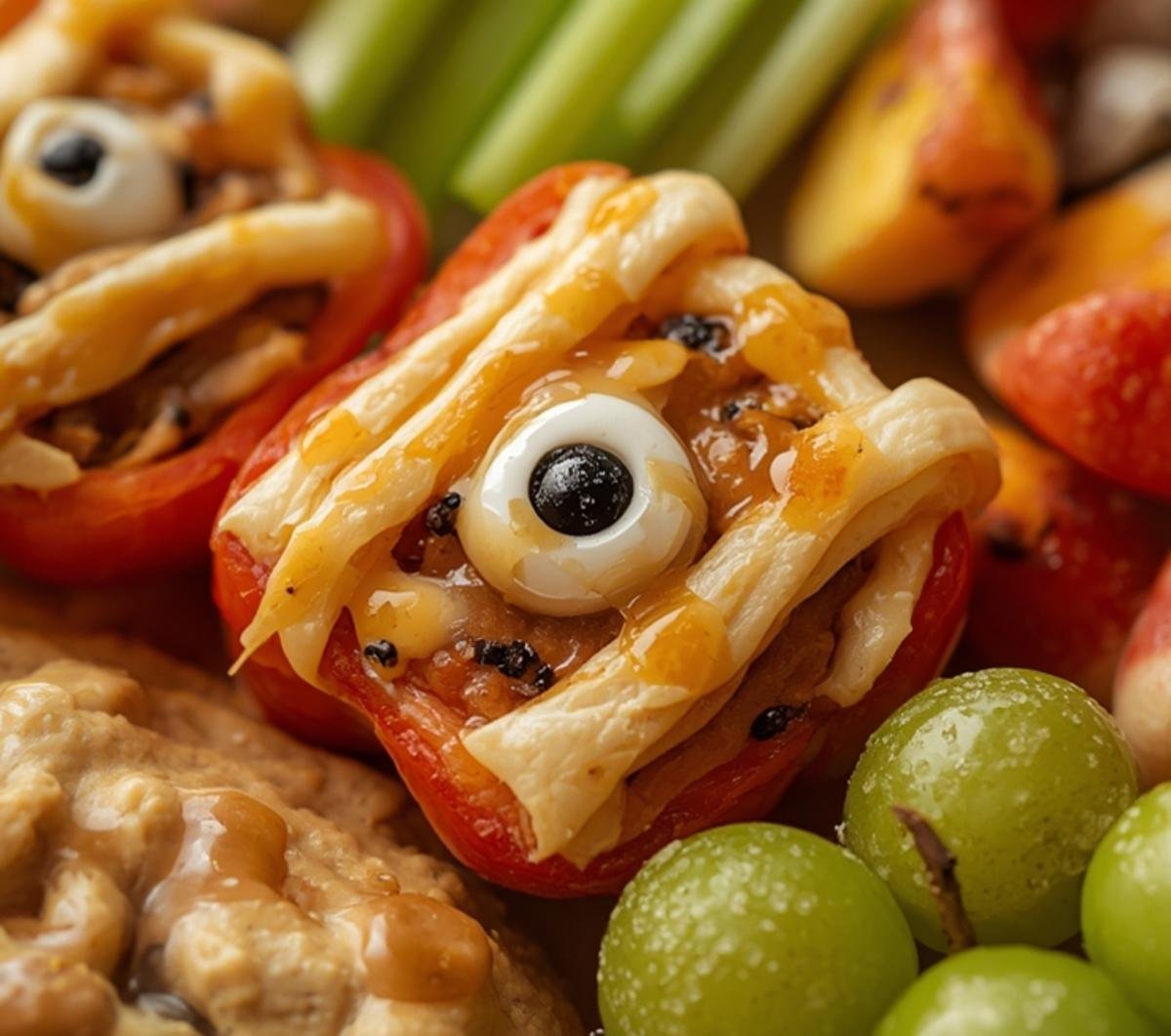 Create a Spooktacular Halloween Snack Board 2 Close-up of the detailed Taco-Stuffed Mini Pepper Mummies on the Halloween snack board.