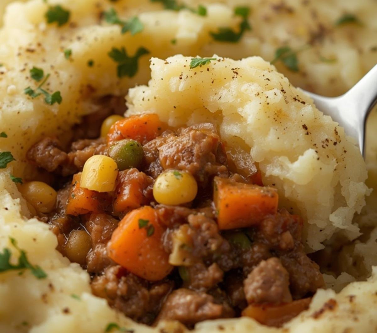 An extreme close-up of a spoonful digging into the best shepherd's pie.