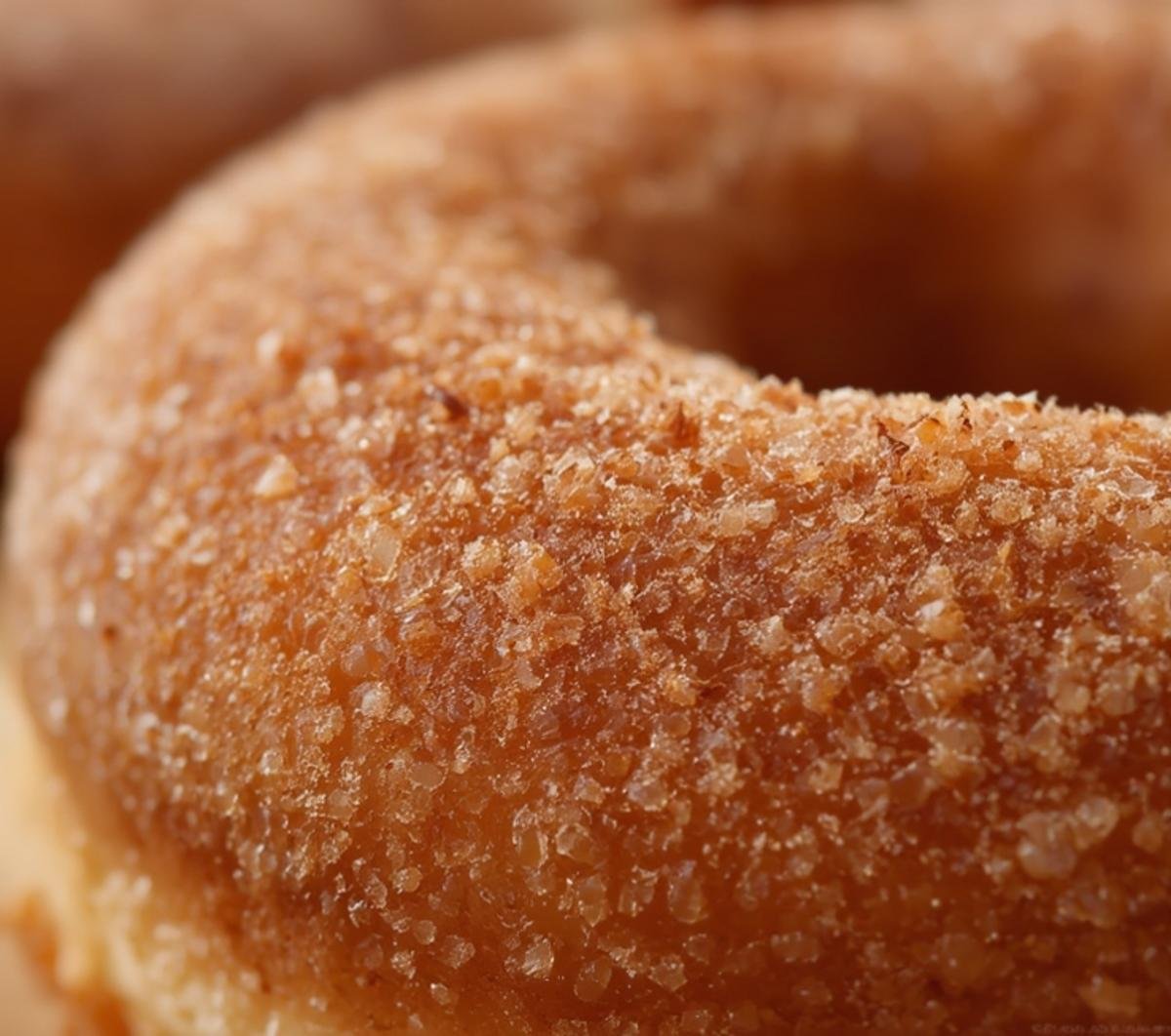 Close-up of the sugary, spiced texture of a fresh baked apple cider donut.