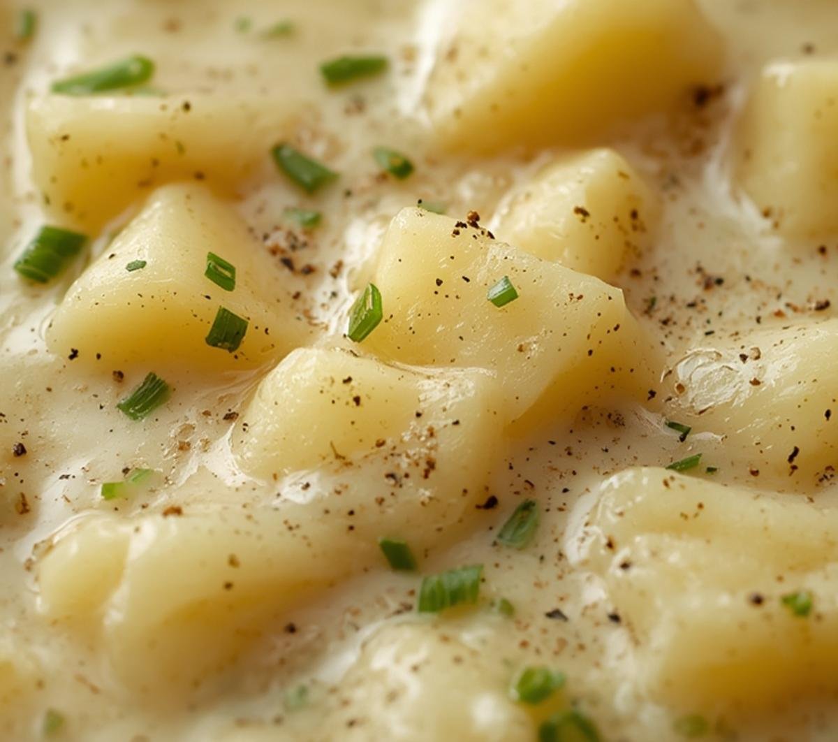 Close-up of the rich and creamy texture of the Best Potato Soup with chives.