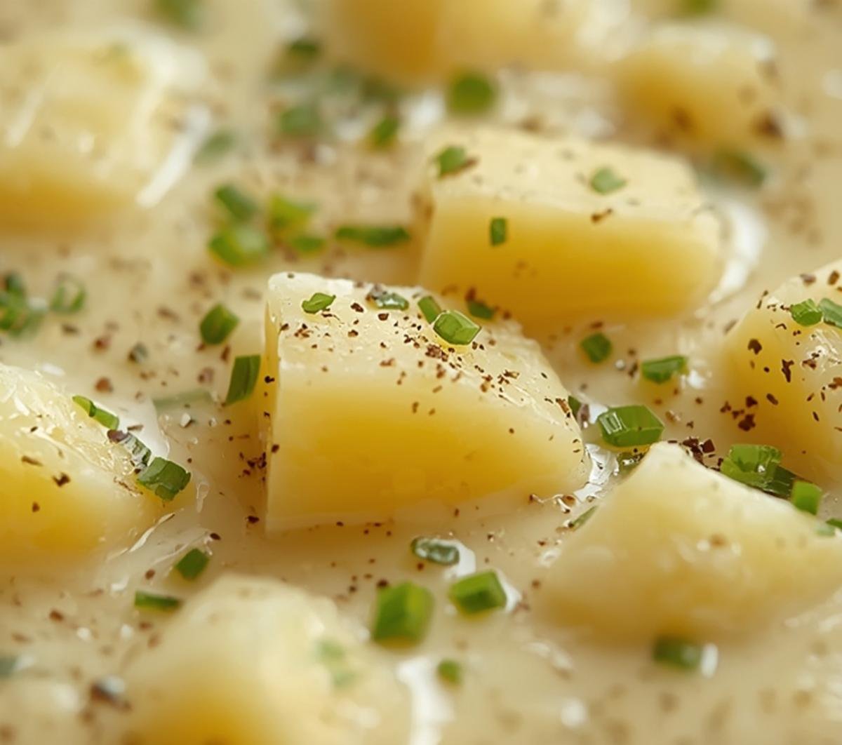 Close-up of the rich and creamy texture of the Best Potato Soup with chives.