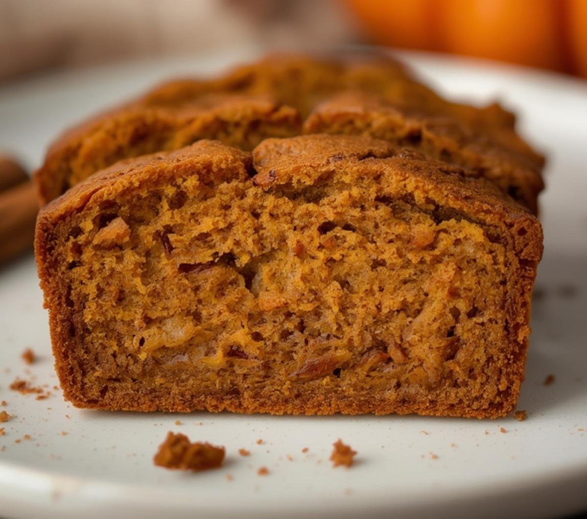 Close-up of the moist, tender crumb texture of a perfectly baked slice of Pumpkin Bread.
