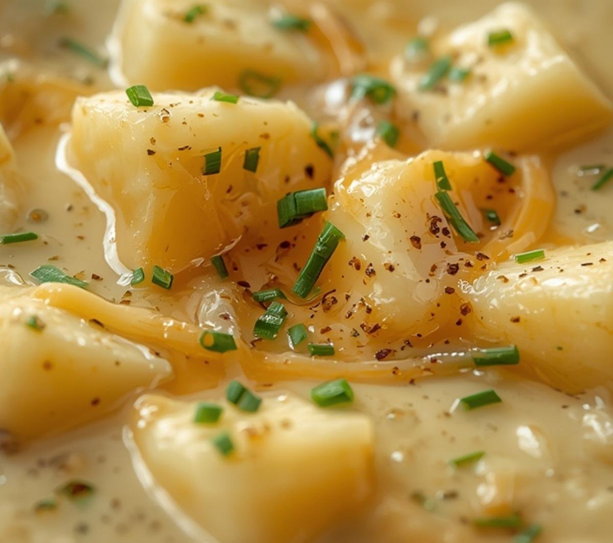 Creamy Best Potato Soup with Smoked Gouda 2 Close-up macro shot revealing the creamy texture of our homemade best potato soup.