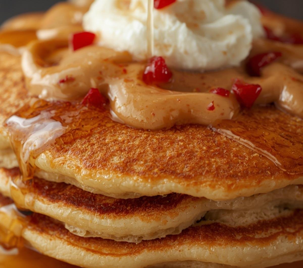 Close-up of golden brown protein pancakes showing the porous texture and dripping maple syrup