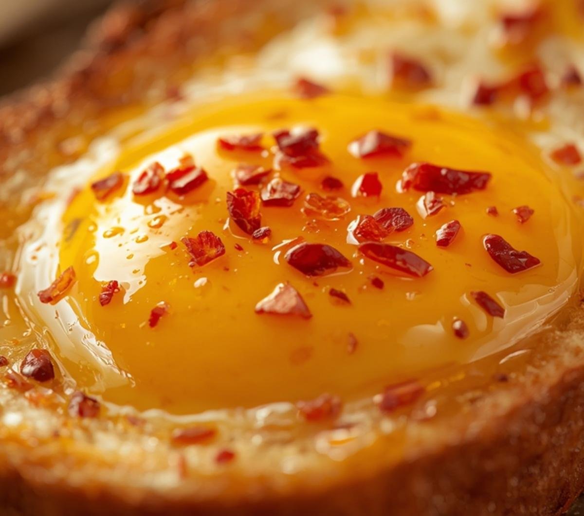 Crispy Chili Oil Eggs Recipe: The Perfect Spicy Breakfast 2 Close-up detail of runny yolks and vibrant chili flakes on savory chili oil eggs