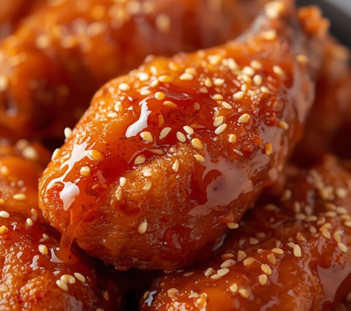 Close-up of the textured glaze and crispy skin on these delicious gochujang honey wings