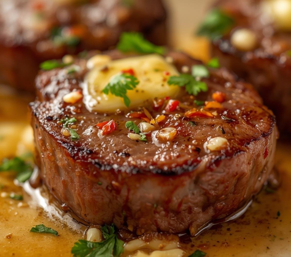 Juicy Garlic Butter Steak Bites (Ready in 15 Minutes) 2 Extreme macro close-up showing the seared texture of juicy garlic butter steak bites