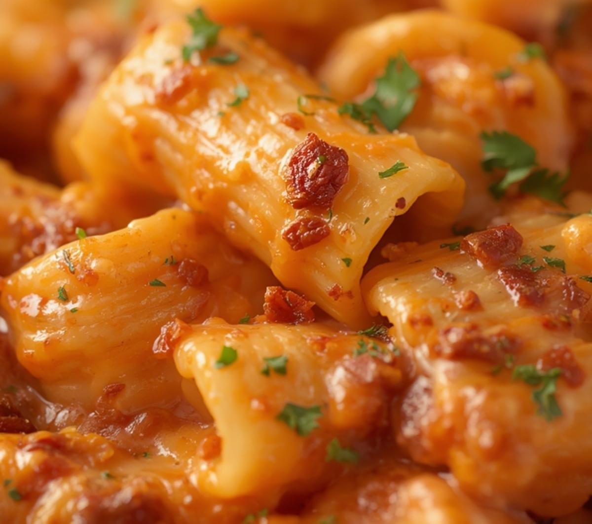Detailed texture of pasta tubes covered in sauce for Gigi Hadid Spicy Vodka Pasta