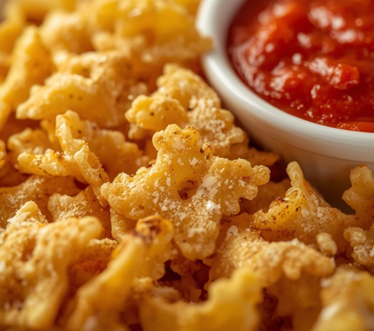 Extreme close-up of crunchy parmesan and herb dusted pasta chips with marinara dip.