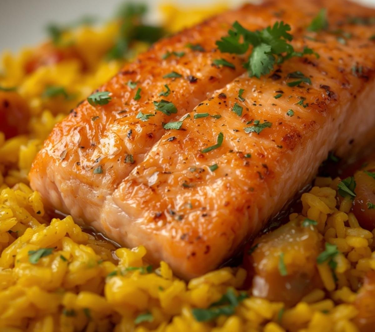 Easy One Pot Salmon and Rice Recipe for Busy Weeknights 2 Extreme close-up of seared salmon flakes and turmeric rice for a one pot salmon and rice dish.