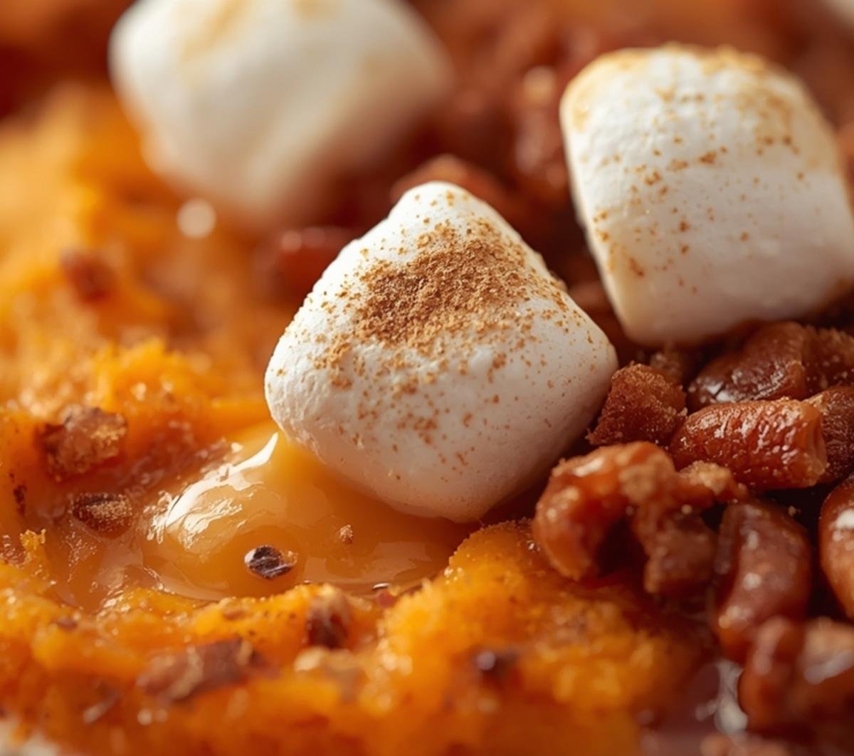 Close-up of toasted mini marshmallows and smooth sweet potato casserole, highlighting the textures.