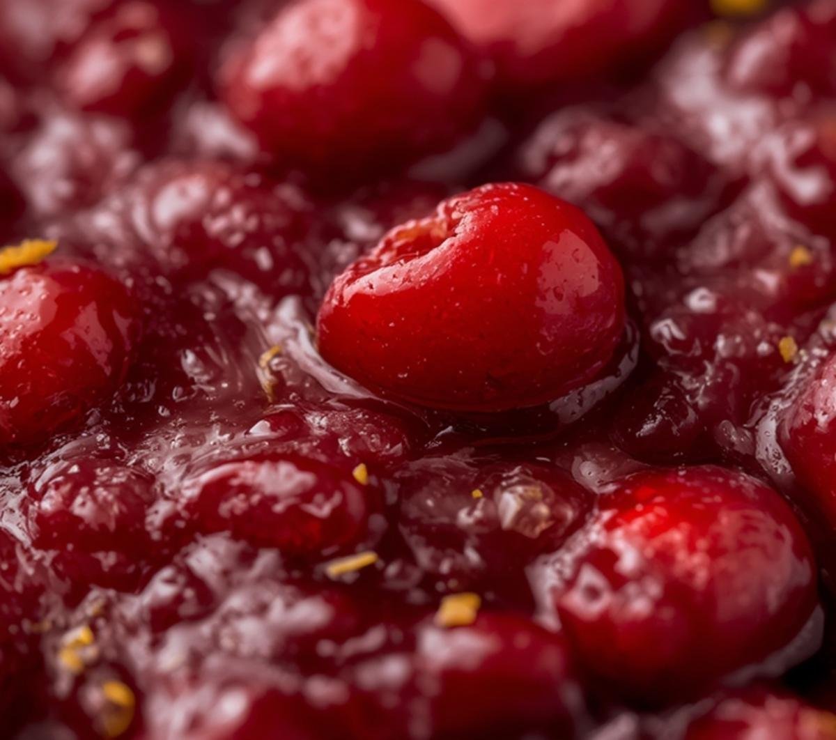 Close-up of the rich, jewel-toned texture of fresh homemade cranberry sauce with visible zest.
